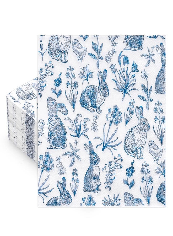 Whaline 50 Pcs Blue White Easter Paper Napkins Retro Bunny Rabbit Flower Disposable Napkins Chinoiserie Luncheon Dinner Napkins for Spring Wedding Birthday Party Table Supplies - Image 1